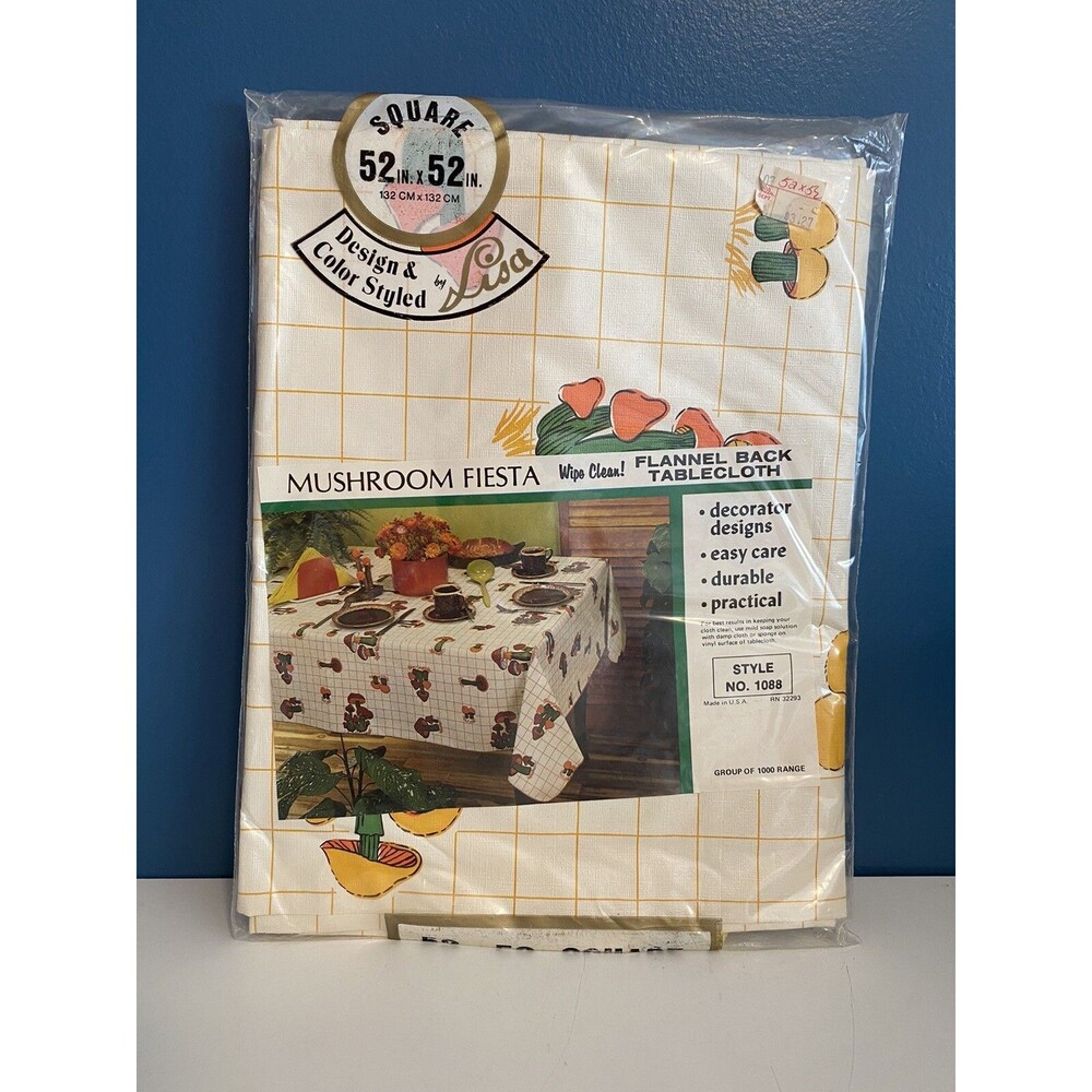 NOS Vintage Mushroom Fiesta Tablecloth MCM Style No #1088 Elrene Mfg NYC 52”x52”